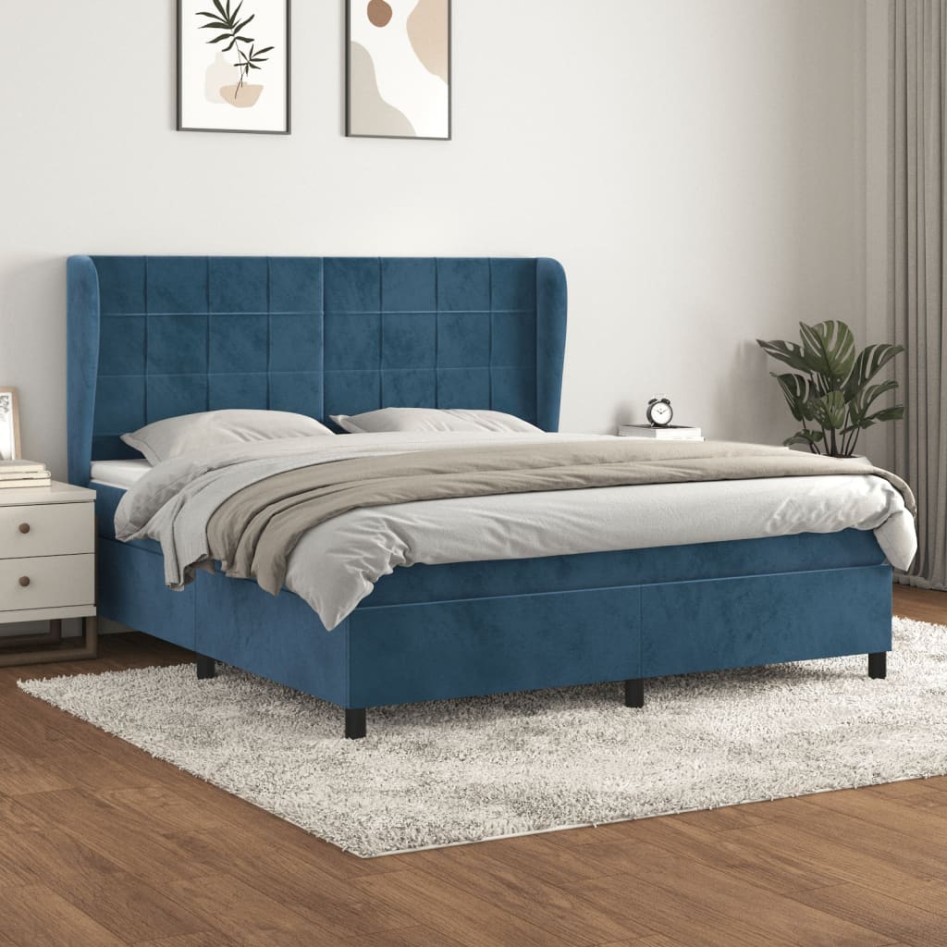 Cama box spring con colchón terciopelo azul oscuro 160x200