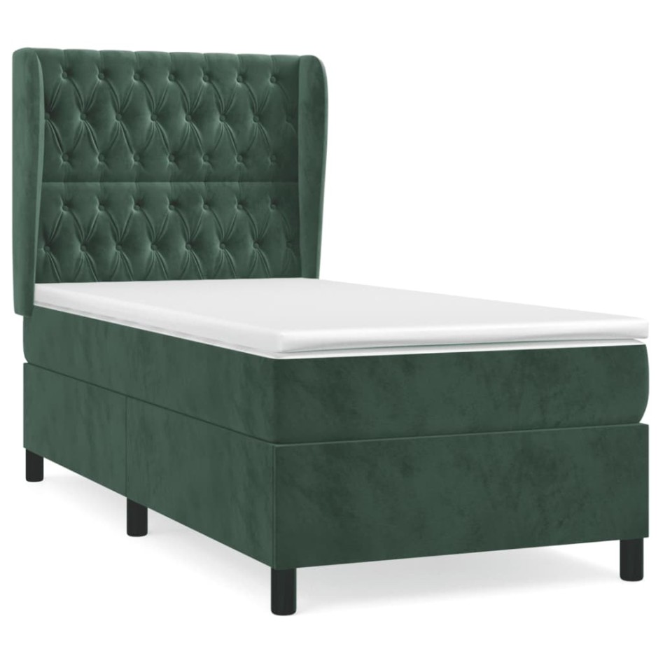 Cama box spring con colchón terciopelo verde oscuro 90x190