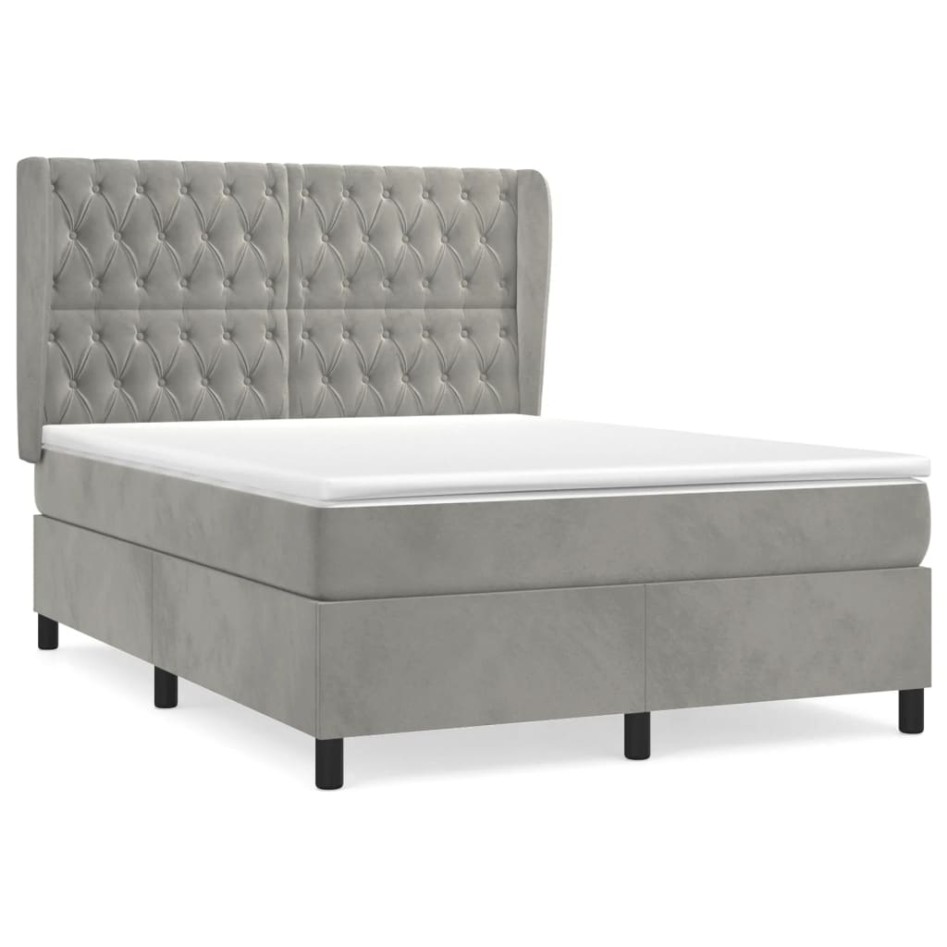 Cama box spring con colchón terciopelo gris claro 140x200