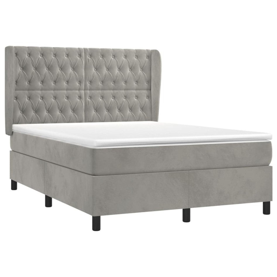 Cama box spring con colchón terciopelo gris claro 140x200