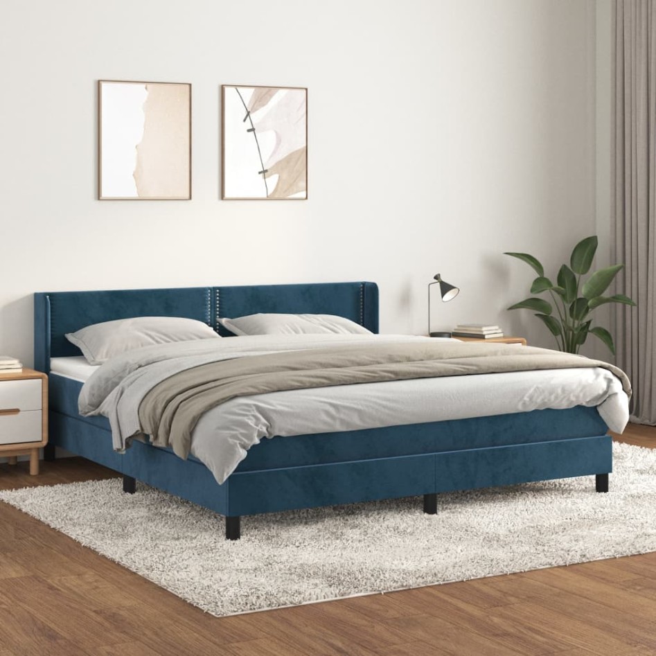 Cama box spring con colchón terciopelo azul oscuro 160x200
