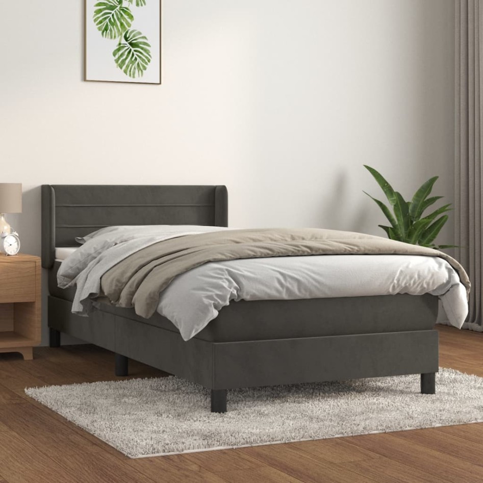 Cama box spring con colchón terciopelo gris oscuro 100x200