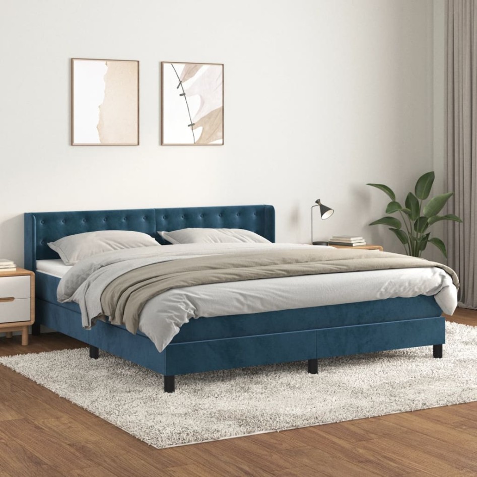 Cama box spring con colchón terciopelo azul oscuro 160x200