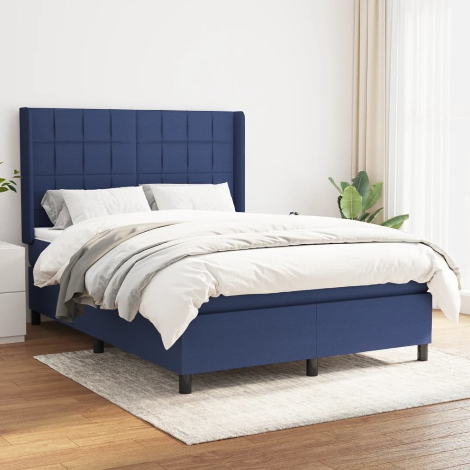 Cama box spring con colchón tela azul 140x190