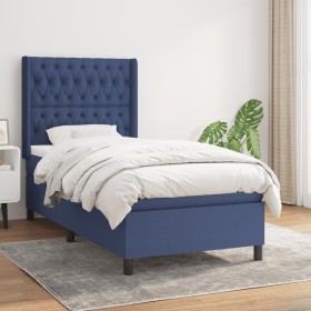 Cama box spring con colchón tela azul 90x190