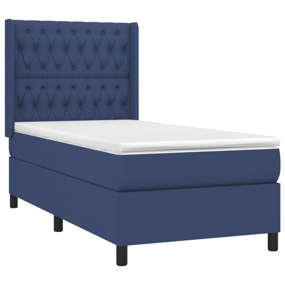 Cama box spring con colchón tela azul 90x190
