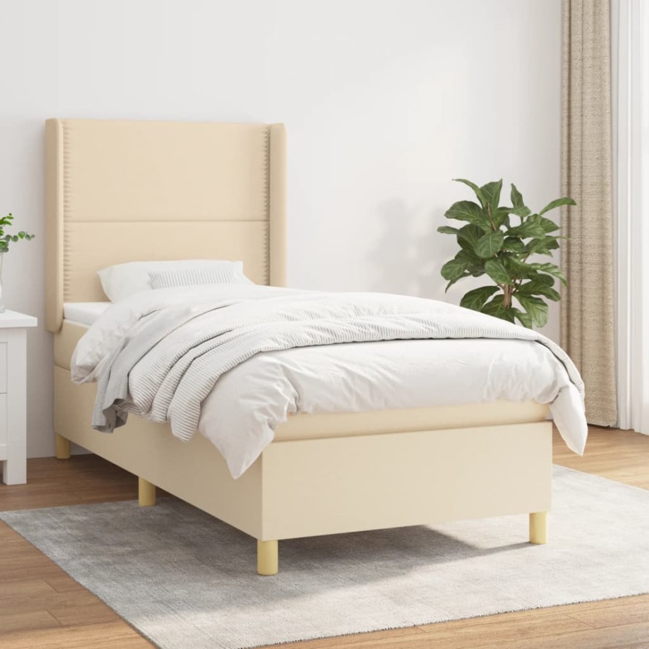 Cama box spring con colchón tela color crema 90x190