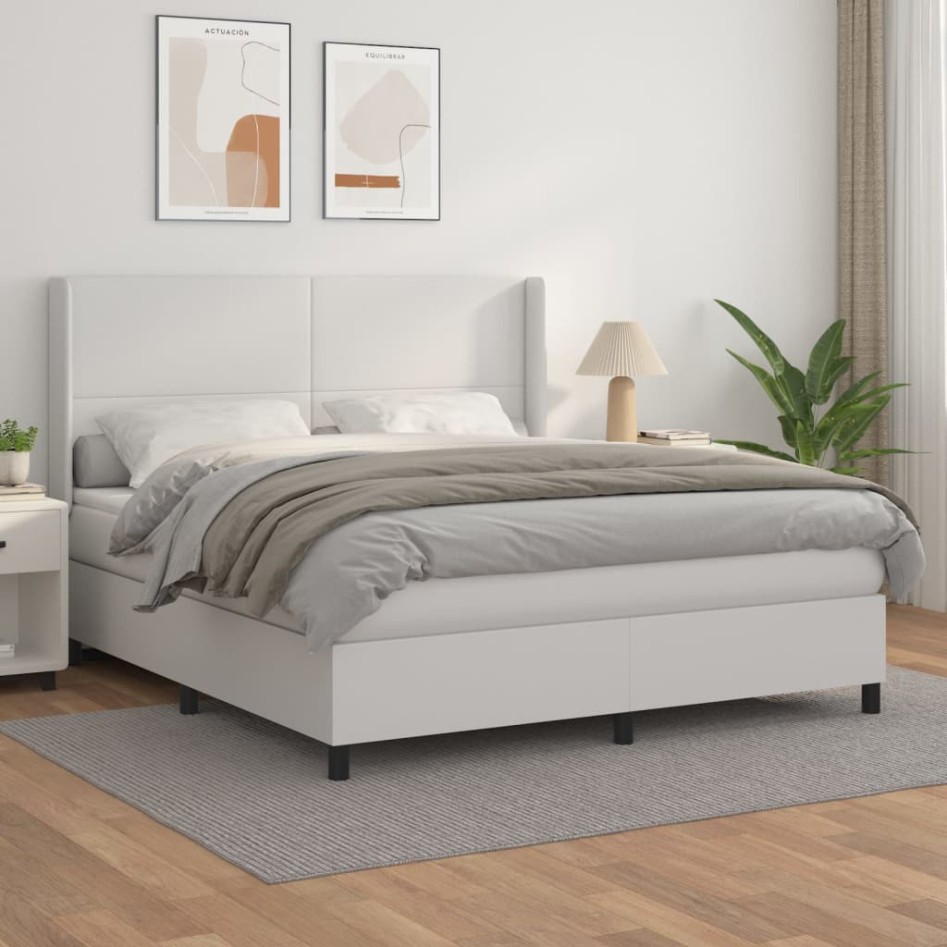 Cama box spring con colchón cuero sintético blanco 160x200