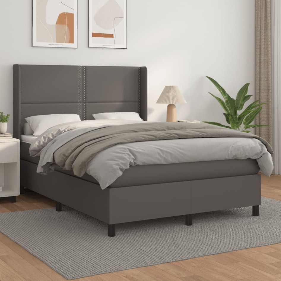 Cama box spring con colchón cuero sintético gris 140x200