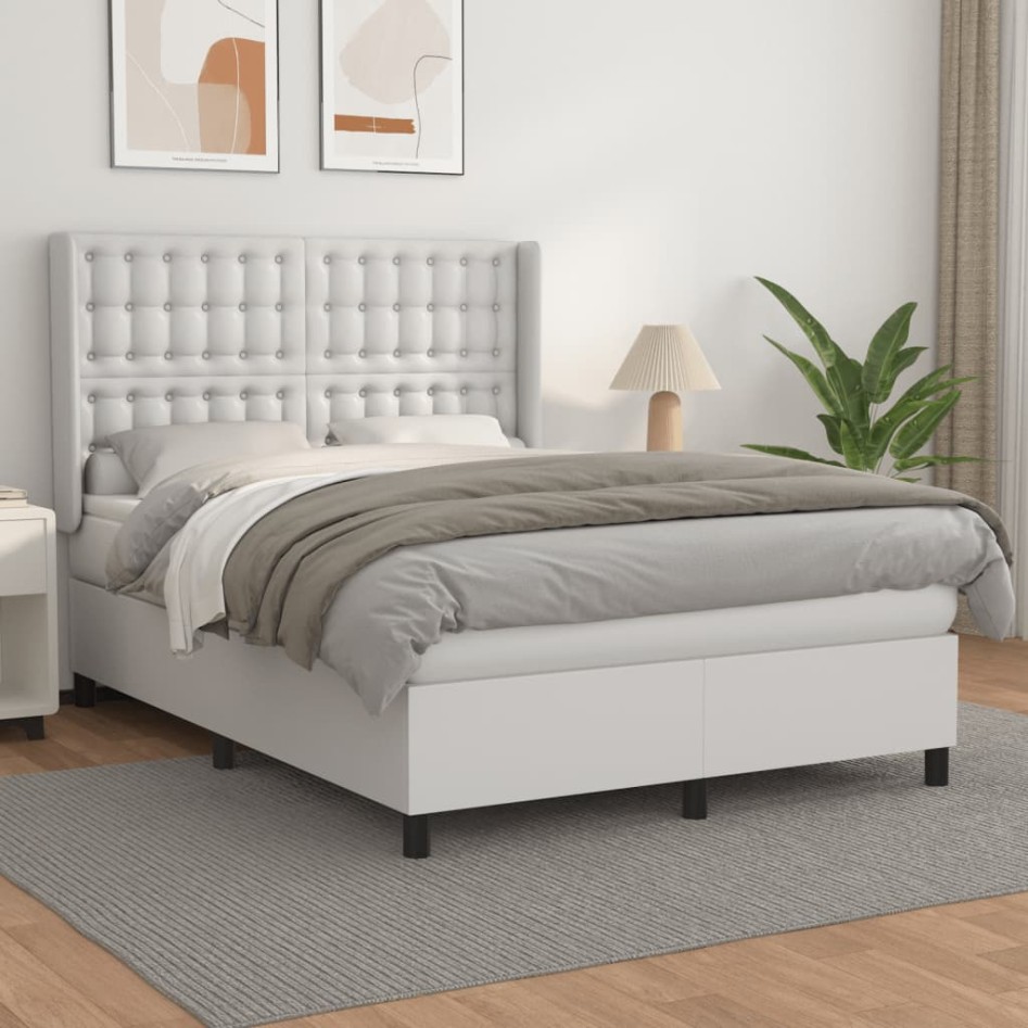 Cama box spring con colchón cuero sintético blanco
