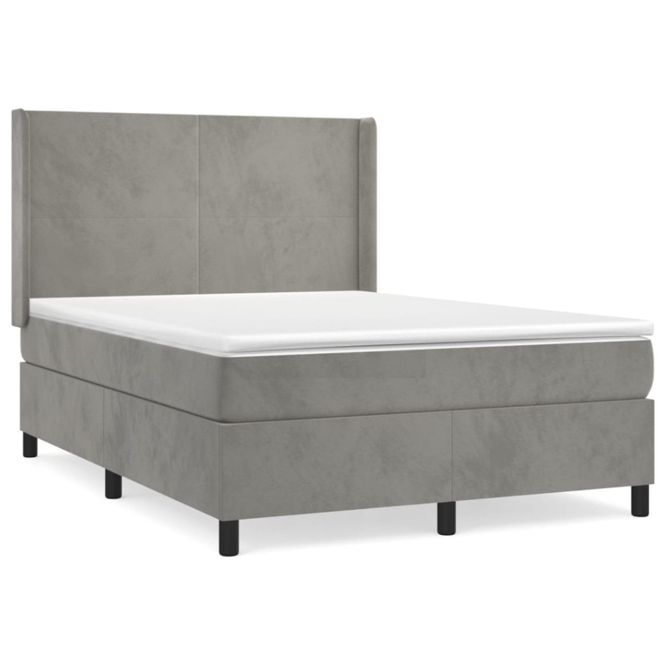 Cama box spring con colchón terciopelo gris claro 140x200