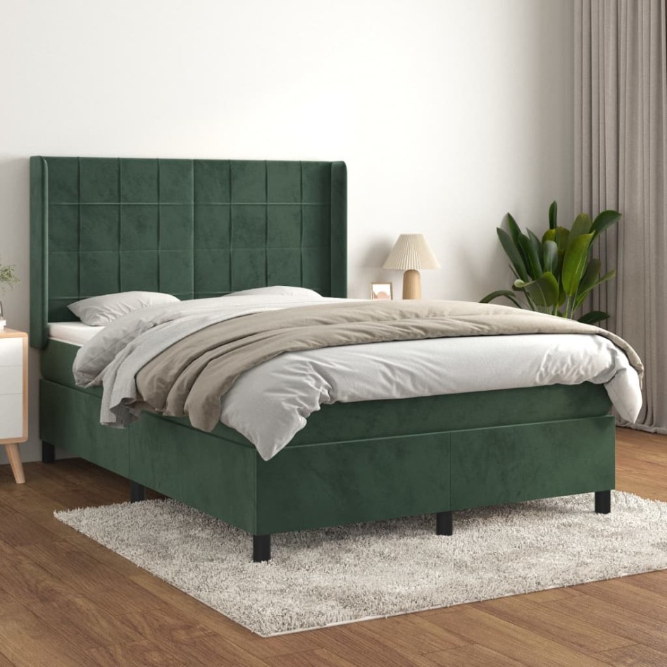 Cama box spring con colchón terciopelo verde oscuro 140x200