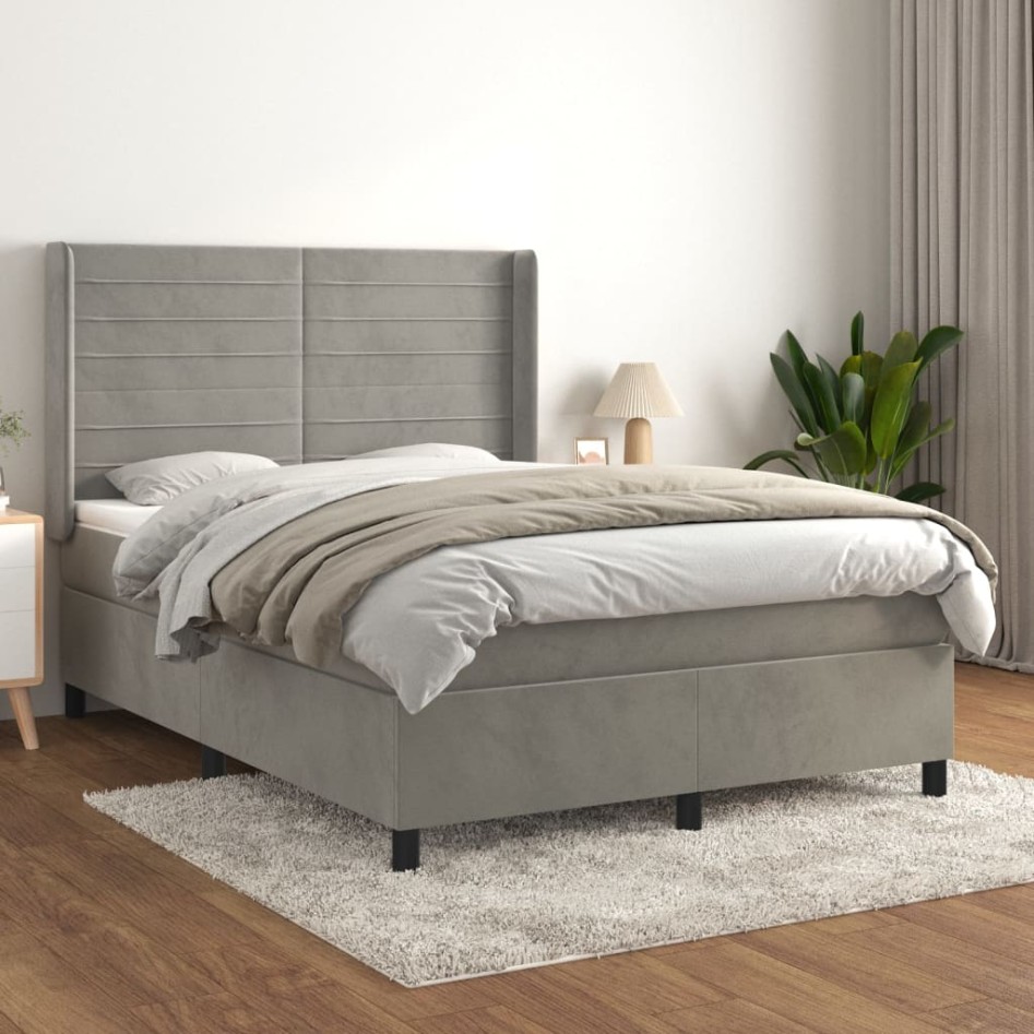 Cama box spring con colchón terciopelo gris claro 140x200