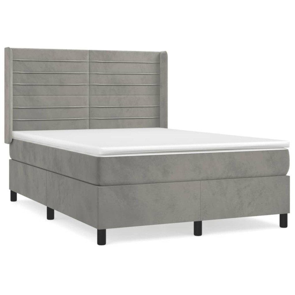 Cama box spring con colchón terciopelo gris claro 140x200