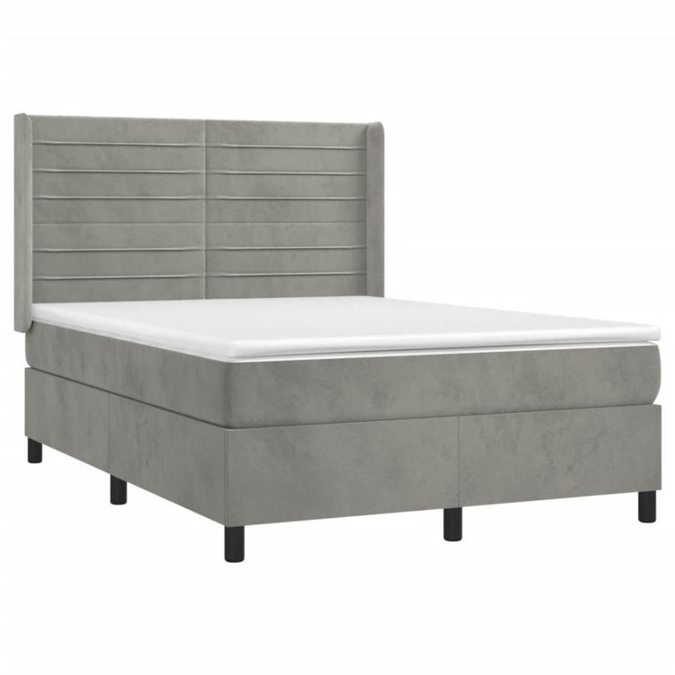 Cama box spring con colchón terciopelo gris claro 140x200