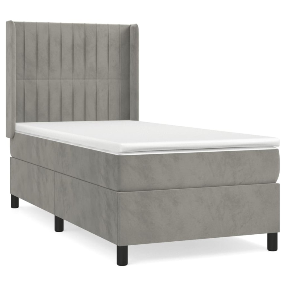 Cama box spring con colchón terciopelo gris claro 100x200