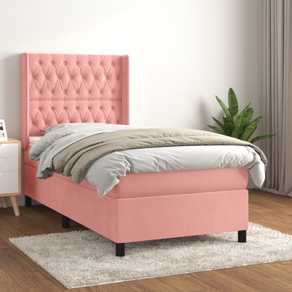 Cama box spring con colchón terciopelo rosa 80x200