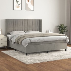 Cama box spring con colchón terciopelo gris claro 160x200