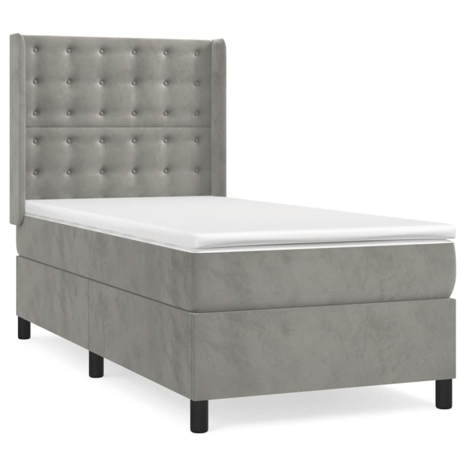 Cama box spring con colchón terciopelo gris claro 80x200
