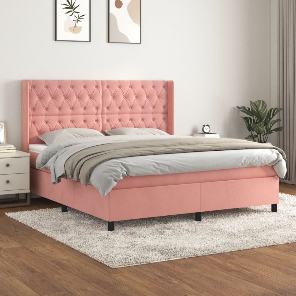 Cama box spring con colchón terciopelo rosa 160x200