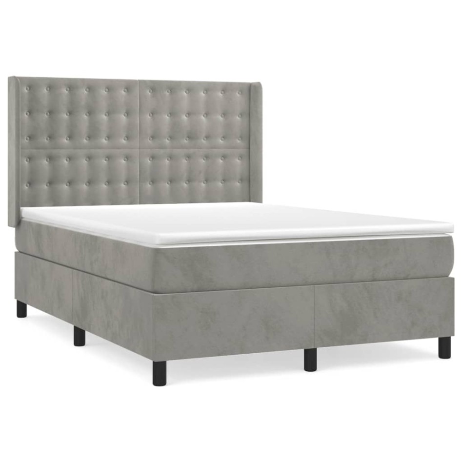 Cama box spring con colchón terciopelo gris claro 140x200