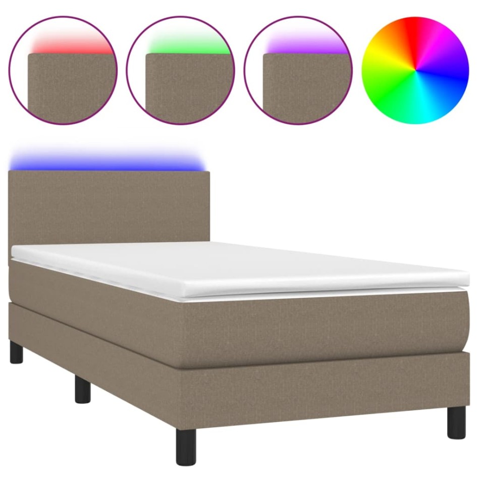 Cama box spring con colchón LED tela gris taupe 100x200