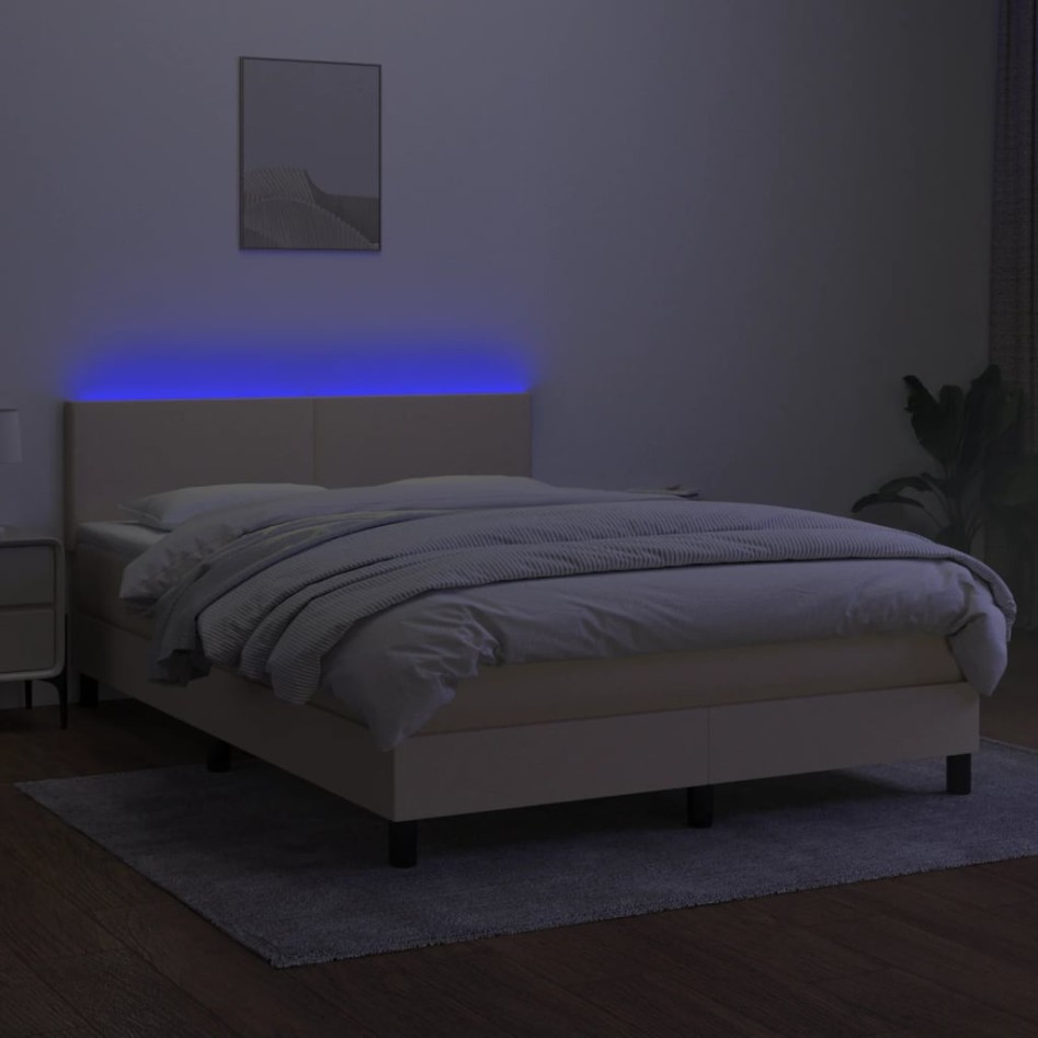 Cama box spring con colchón y LED tela crema 140x190