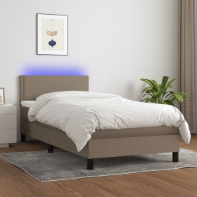 Cama box spring colchón y luces LED tela gris taupe 90x190