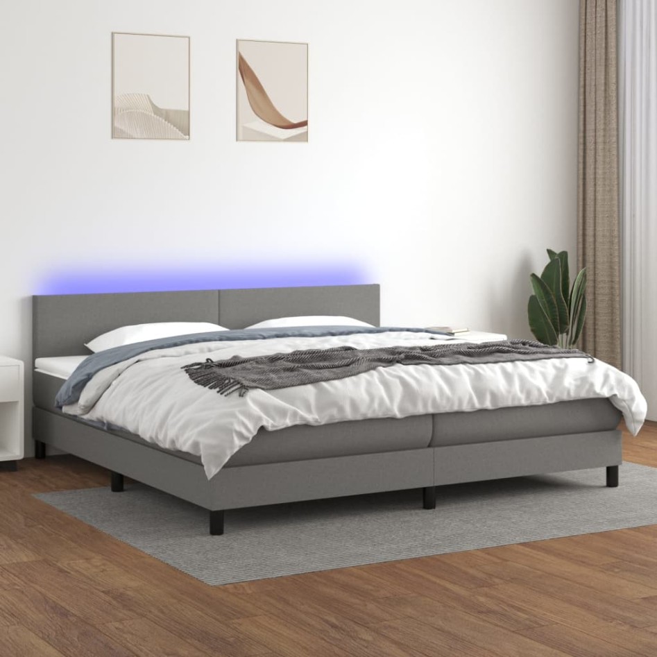 Cama box spring con colchón y LED tela gris oscuro 200x200