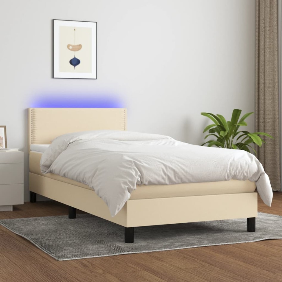 Cama box spring colchón y luces LED tela crema 80x200