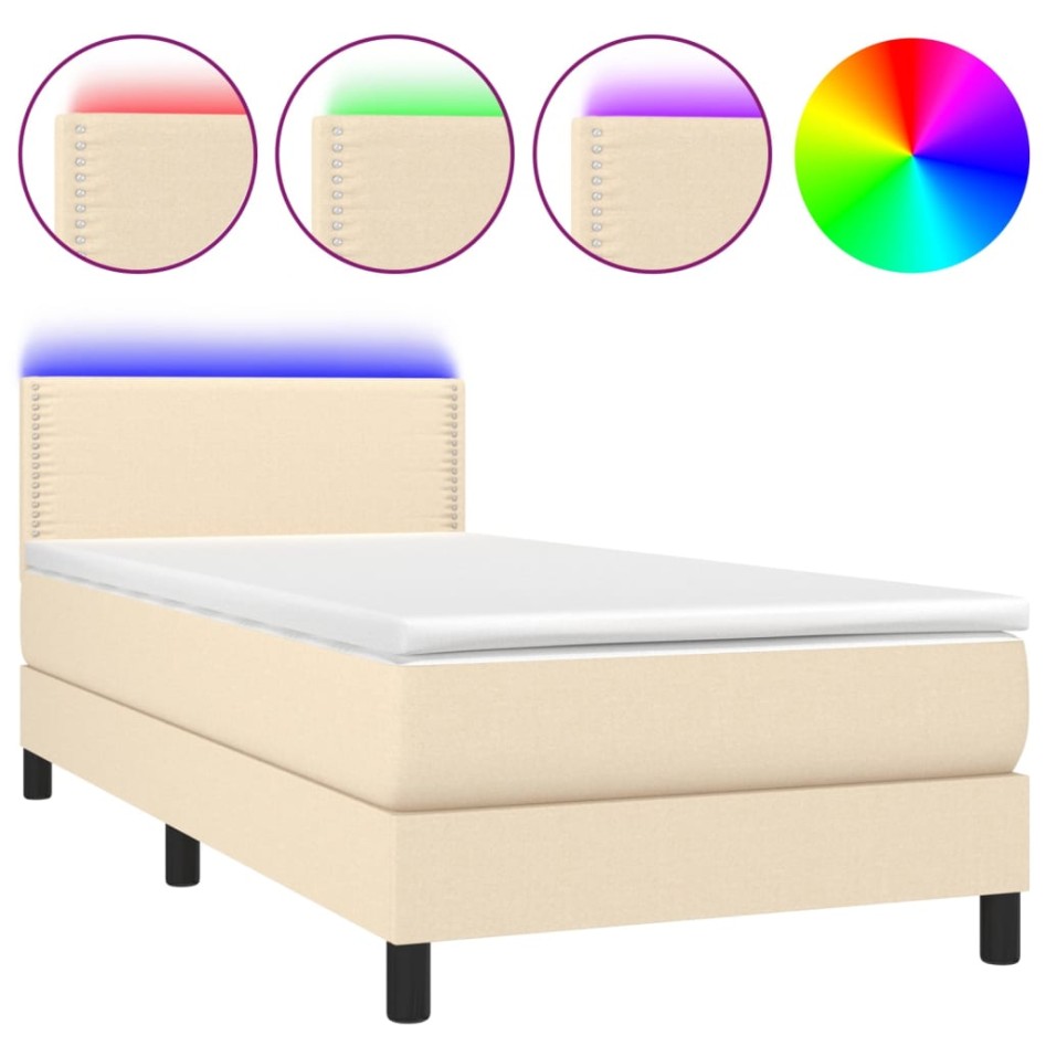 Cama box spring colchón y luces LED tela crema 80x200