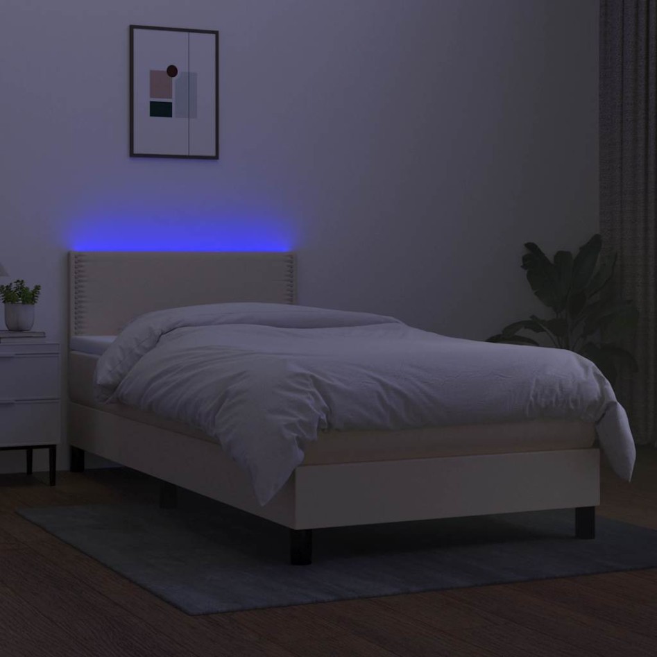 Cama box spring colchón y luces LED tela crema 80x200