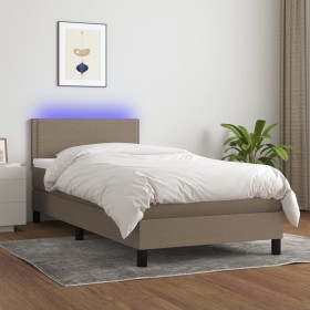 Cama box spring colchón y luces LED tela gris taupe 100x200