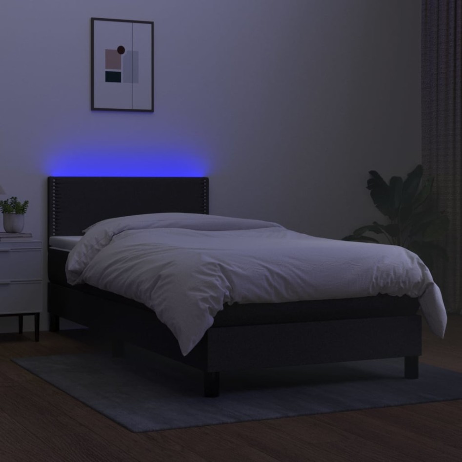 Cama box spring colchón y luces LED tela negro 100x200