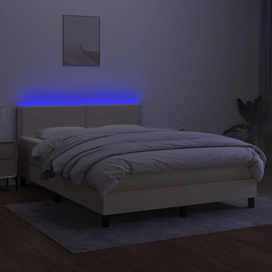 Cama box spring colchón y luces LED tela crema 140x190