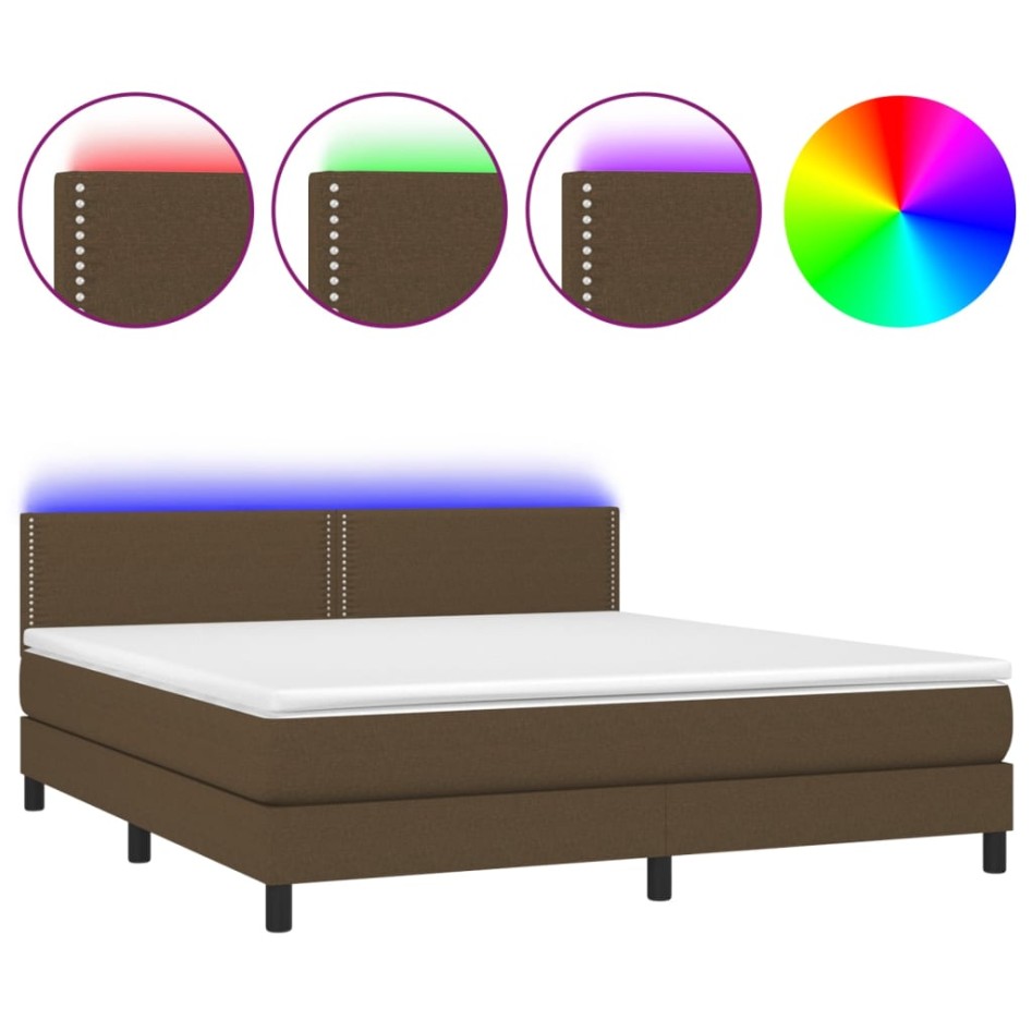 Cama box spring colchón luces LED tela marrón oscuro
