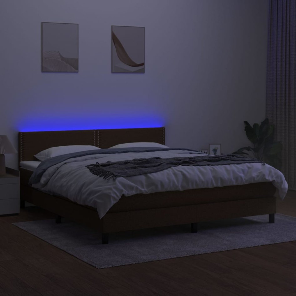 Cama box spring colchón luces LED tela marrón oscuro