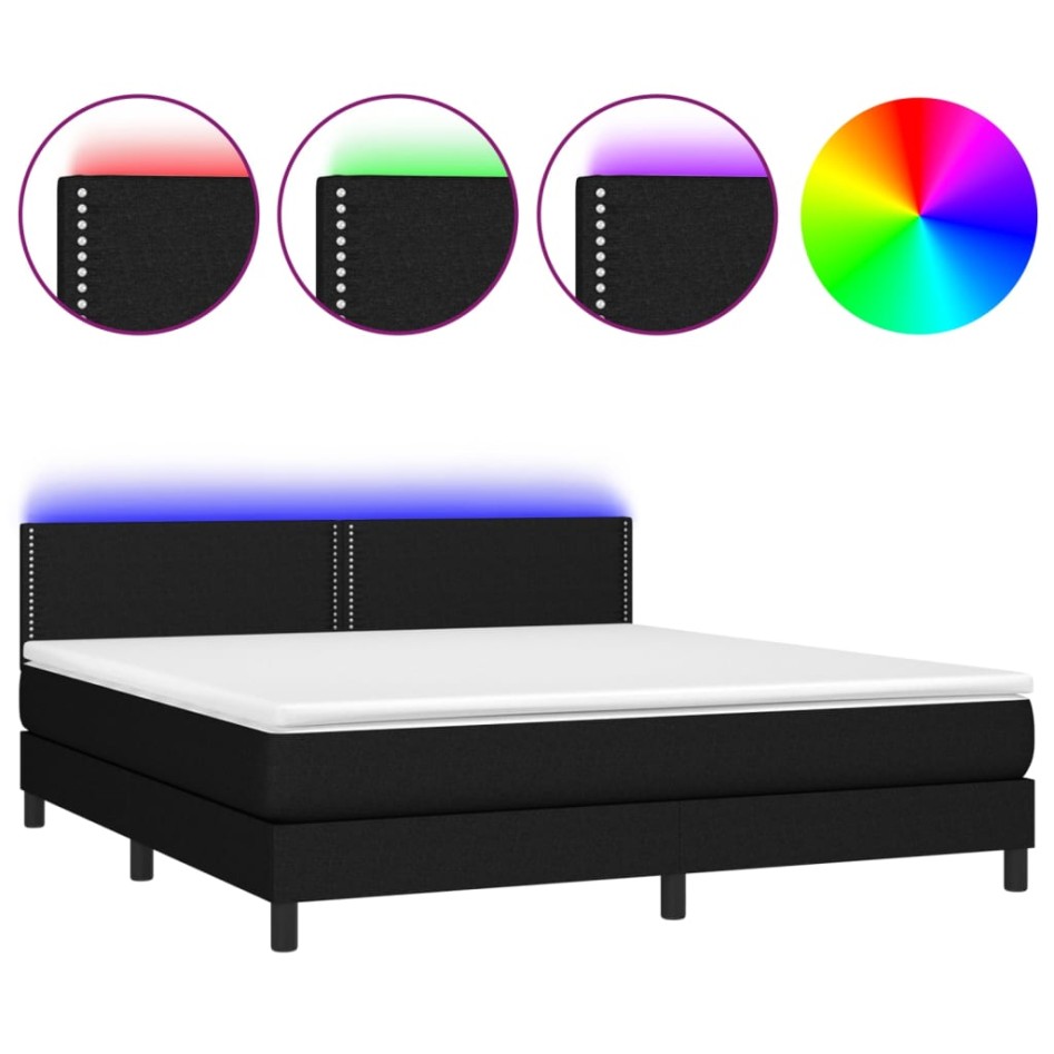 Cama box spring colchón y luces LED tela negro 180x200