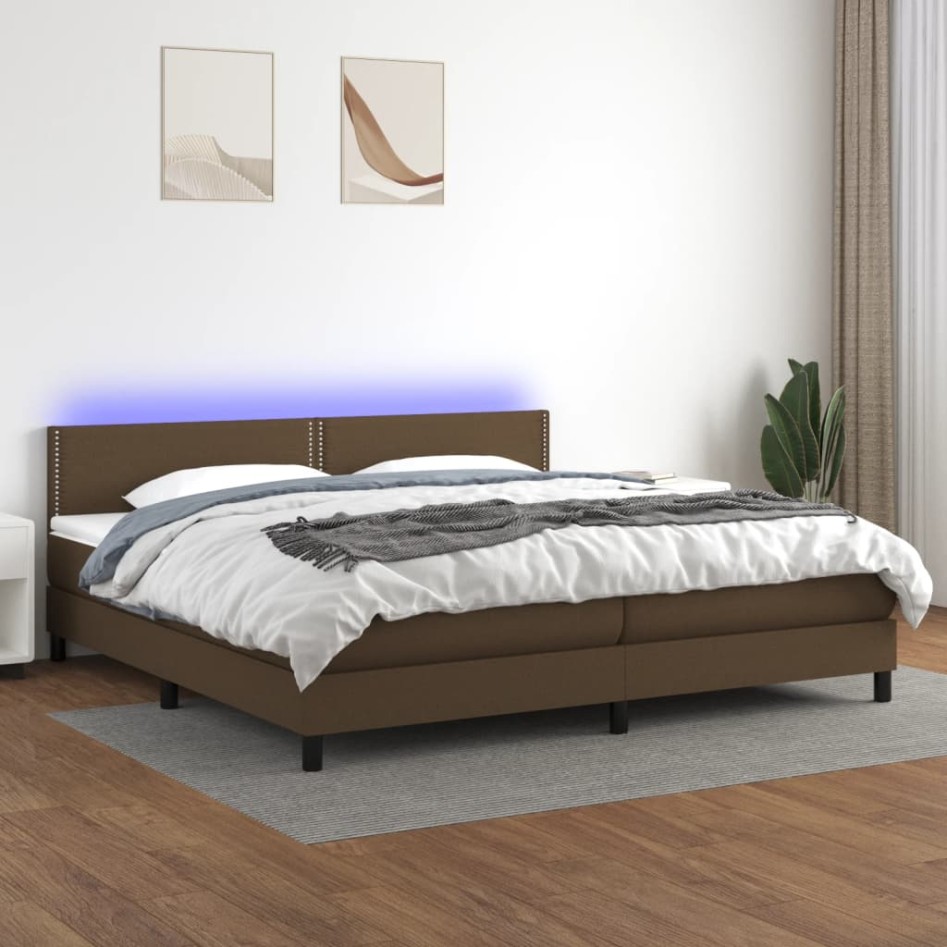 Cama box spring colchón luces LED tela marrón oscuro 200x200