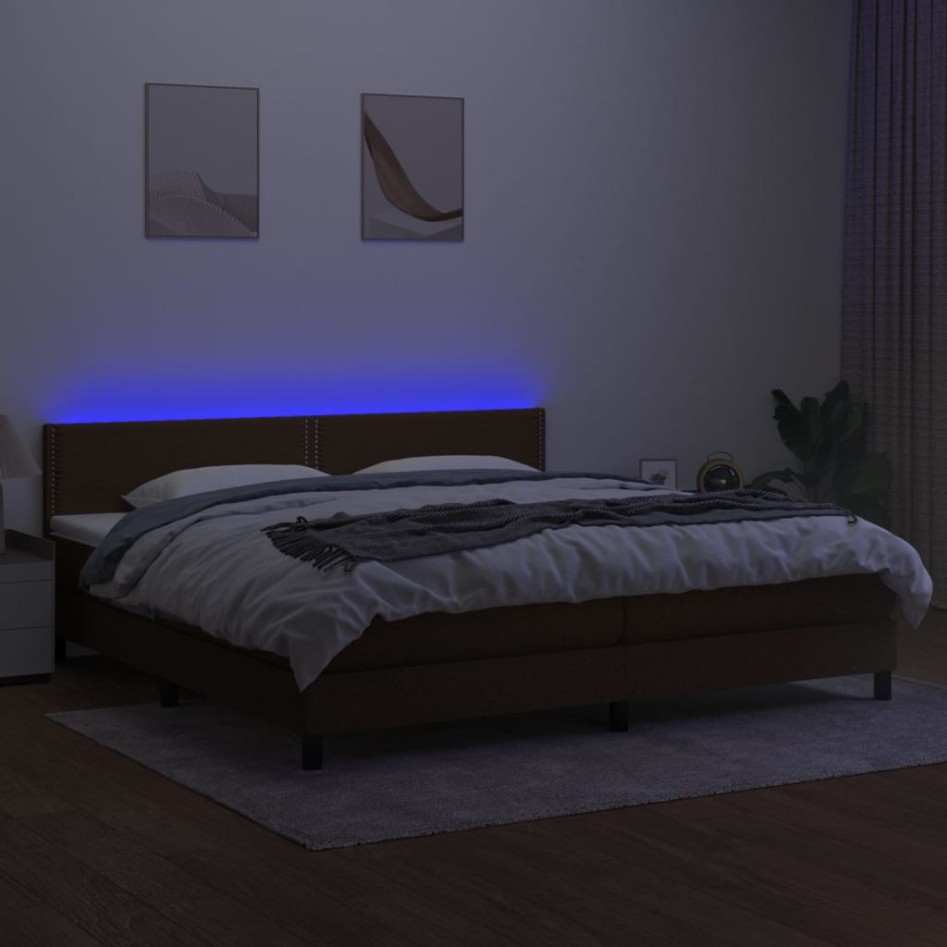 Cama box spring colchón luces LED tela marrón oscuro 200x200
