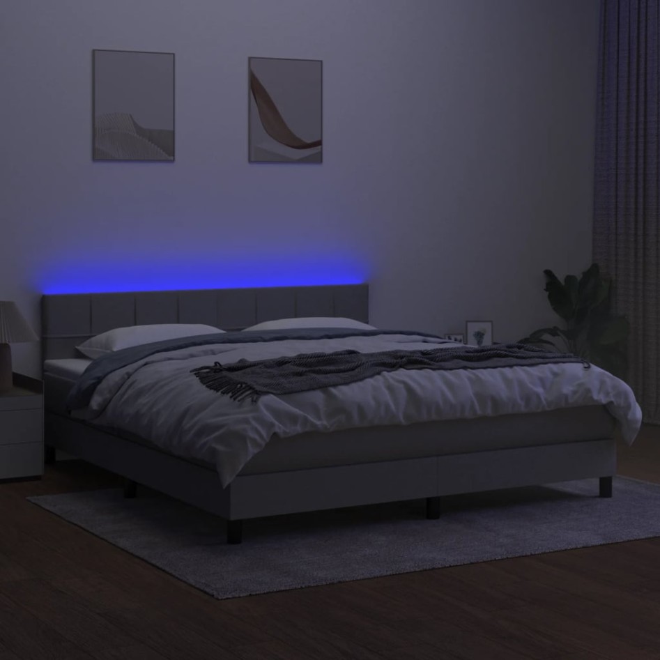 Cama box spring colchón y luces LED tela gris claro 180x200