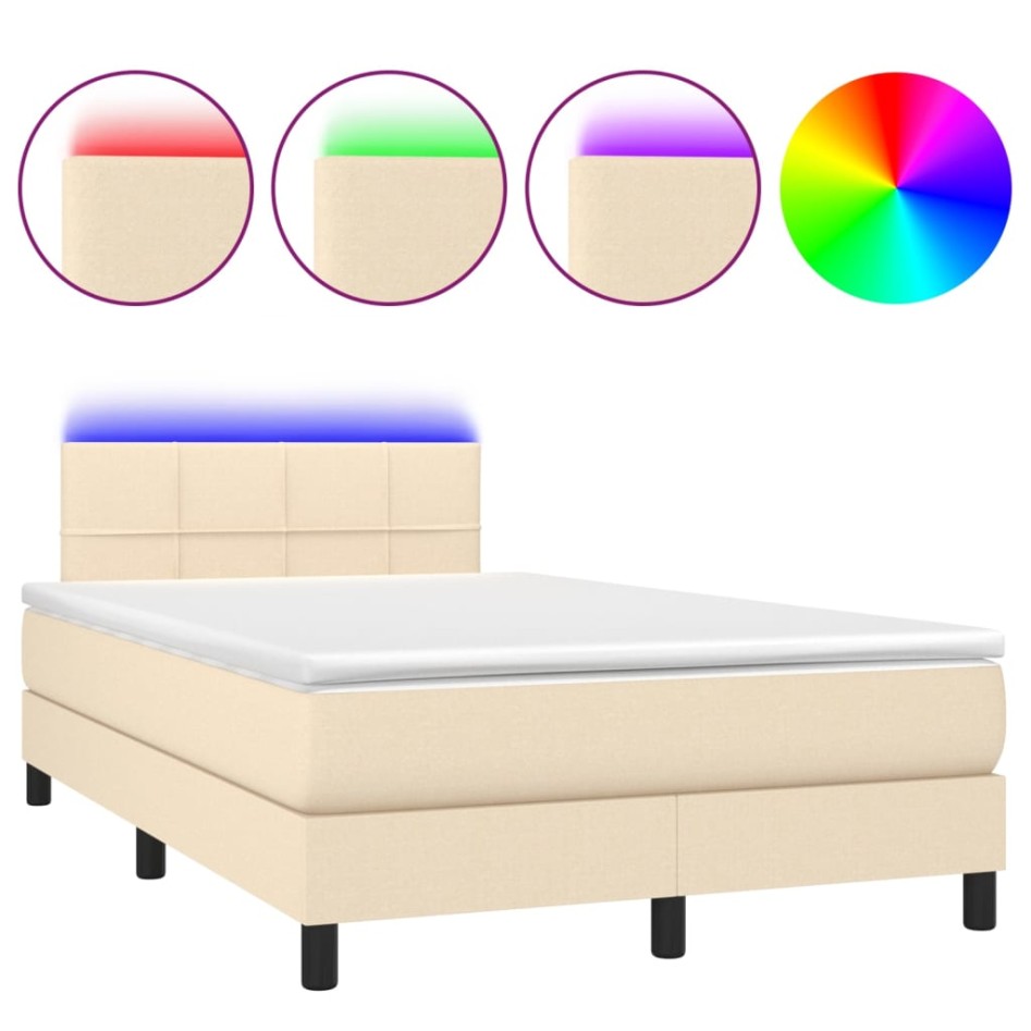Cama box spring con colchón y LED tela crema 120x200