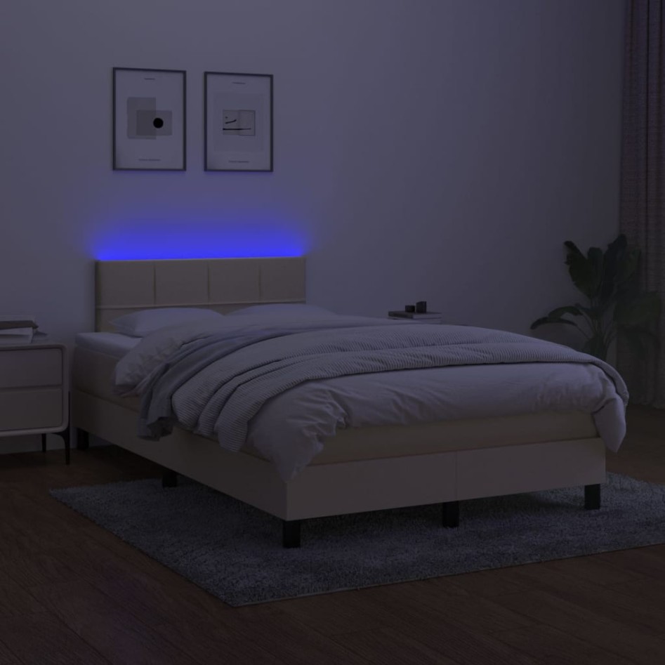 Cama box spring con colchón y LED tela crema 120x200