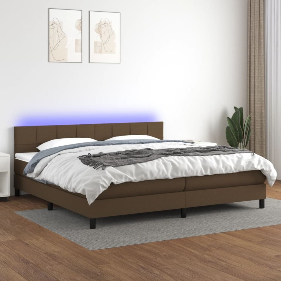 Cama box spring colchón luces LED tela marrón oscuro 200x200