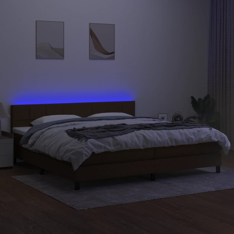 Cama box spring colchón luces LED tela marrón oscuro 200x200