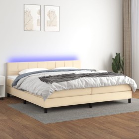 Cama box spring colchón y luces LED tela crema 200x200