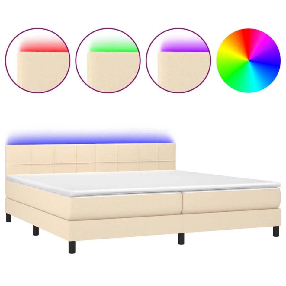Cama box spring colchón y luces LED tela crema 200x200