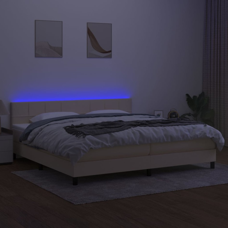 Cama box spring colchón y luces LED tela crema 200x200