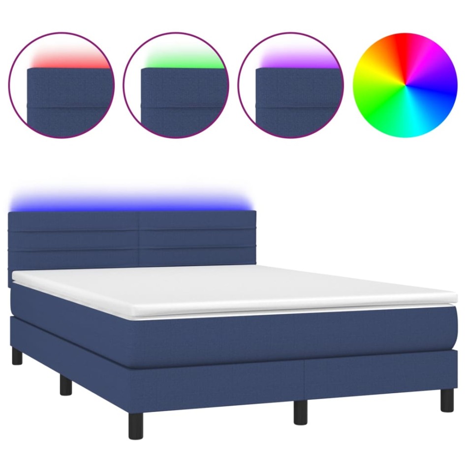 Cama box spring colchón y luces LED tela azul 140x190