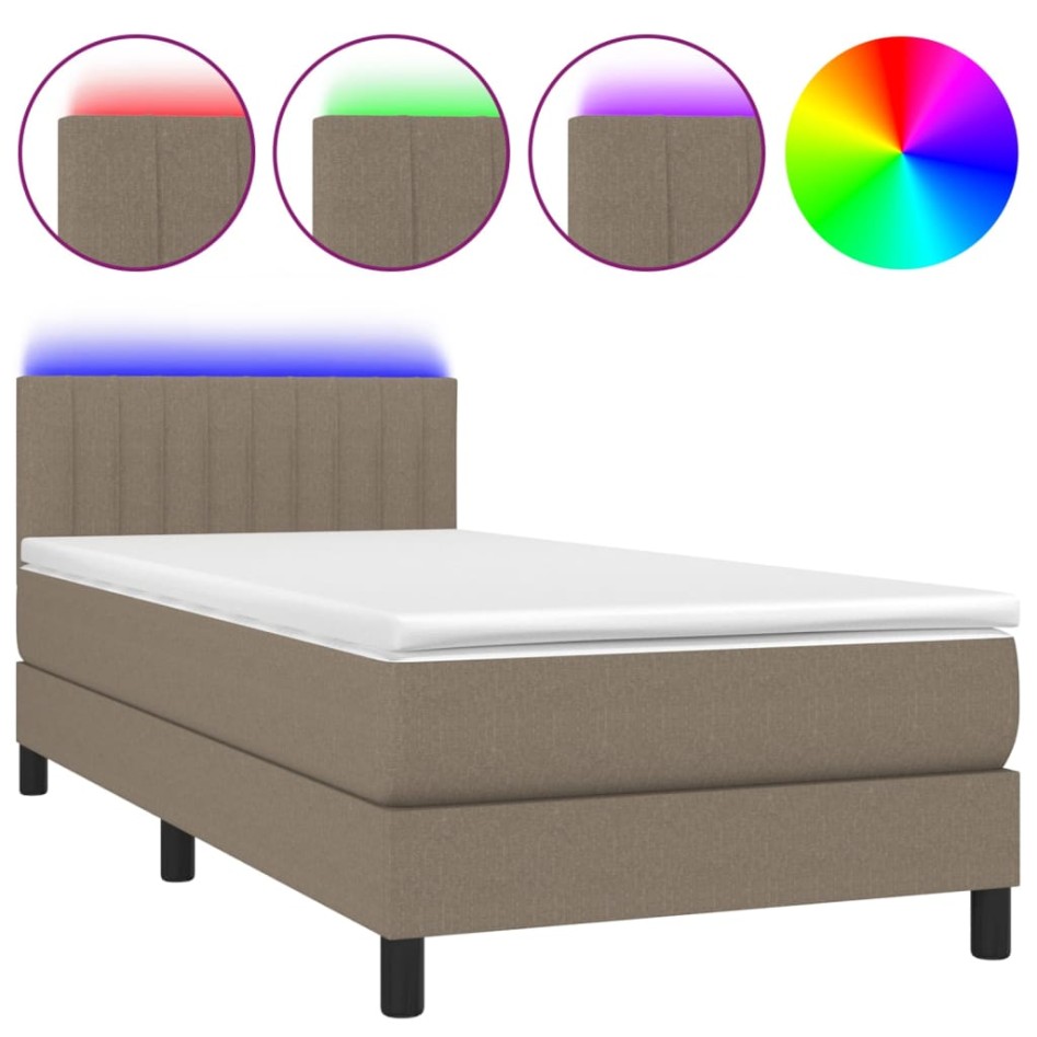 Cama box spring colchón y luces LED tela gris taupe 90x200